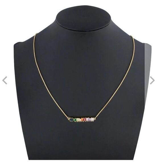 NWT - Colorful Cubic Zirconia Baguette Bar Silver Plated Necklace - 18” - Picture 3 of 7